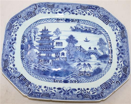 A pair of Chinese export dishes and another larger, Qianlong period, 38cm